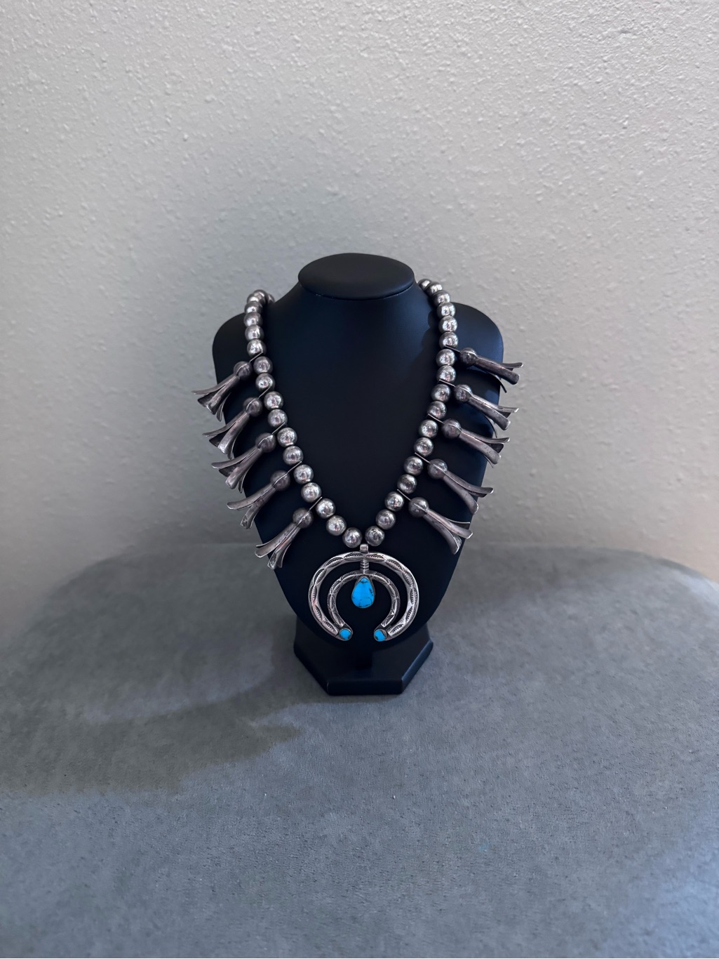 Sterling Silver Navajo-Inspired Squash Blossom Necklace With Turquoise